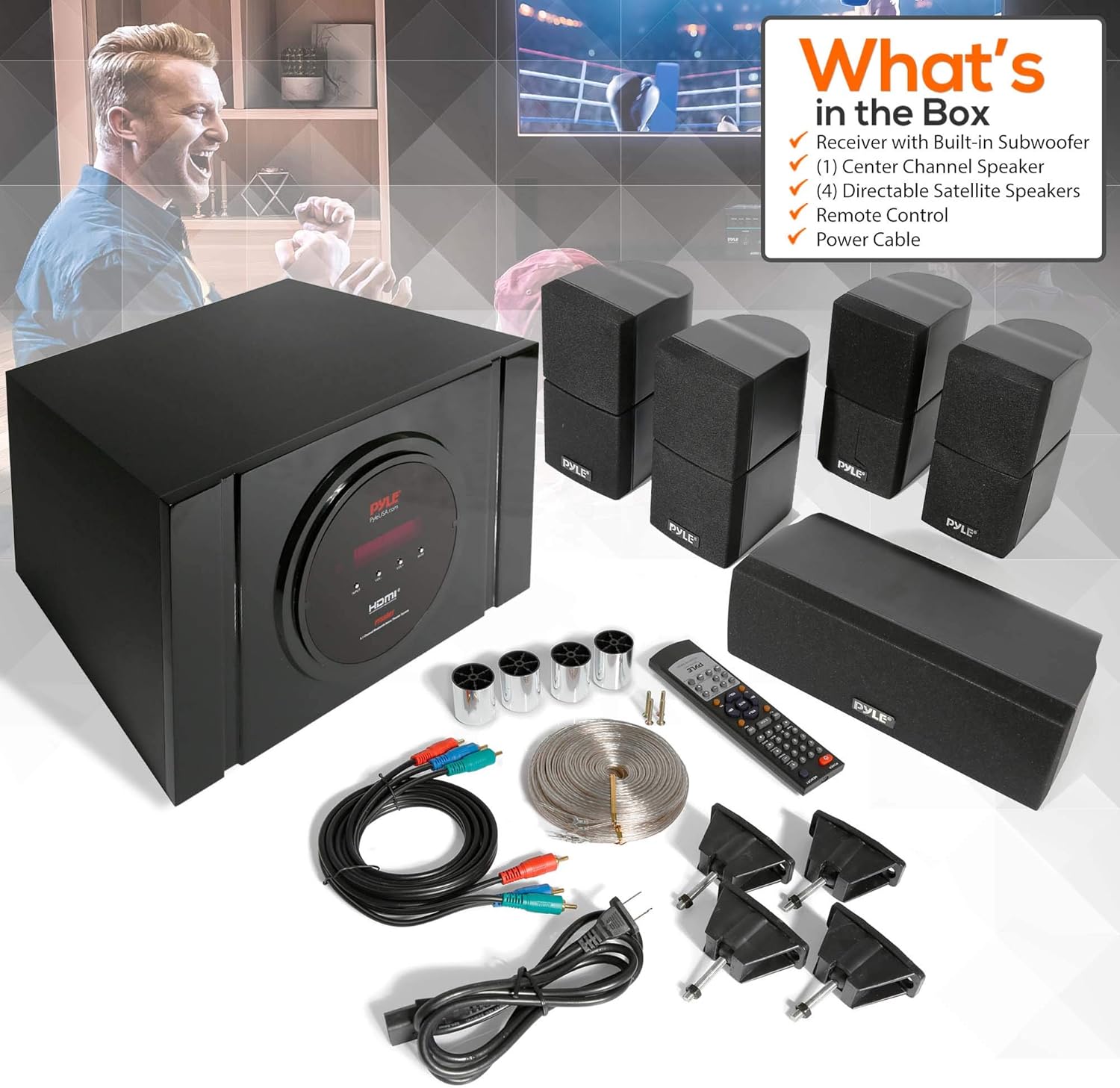 Pyle 5.1 Channel Home Theater Speaker System - 300W Bluetooth Surround Sound Audio Stereo Power Receiver Box Set w/ Built-in Subwoofer, 5 Speakers, Remote, FM Radio, RCA - PT589BT,Black