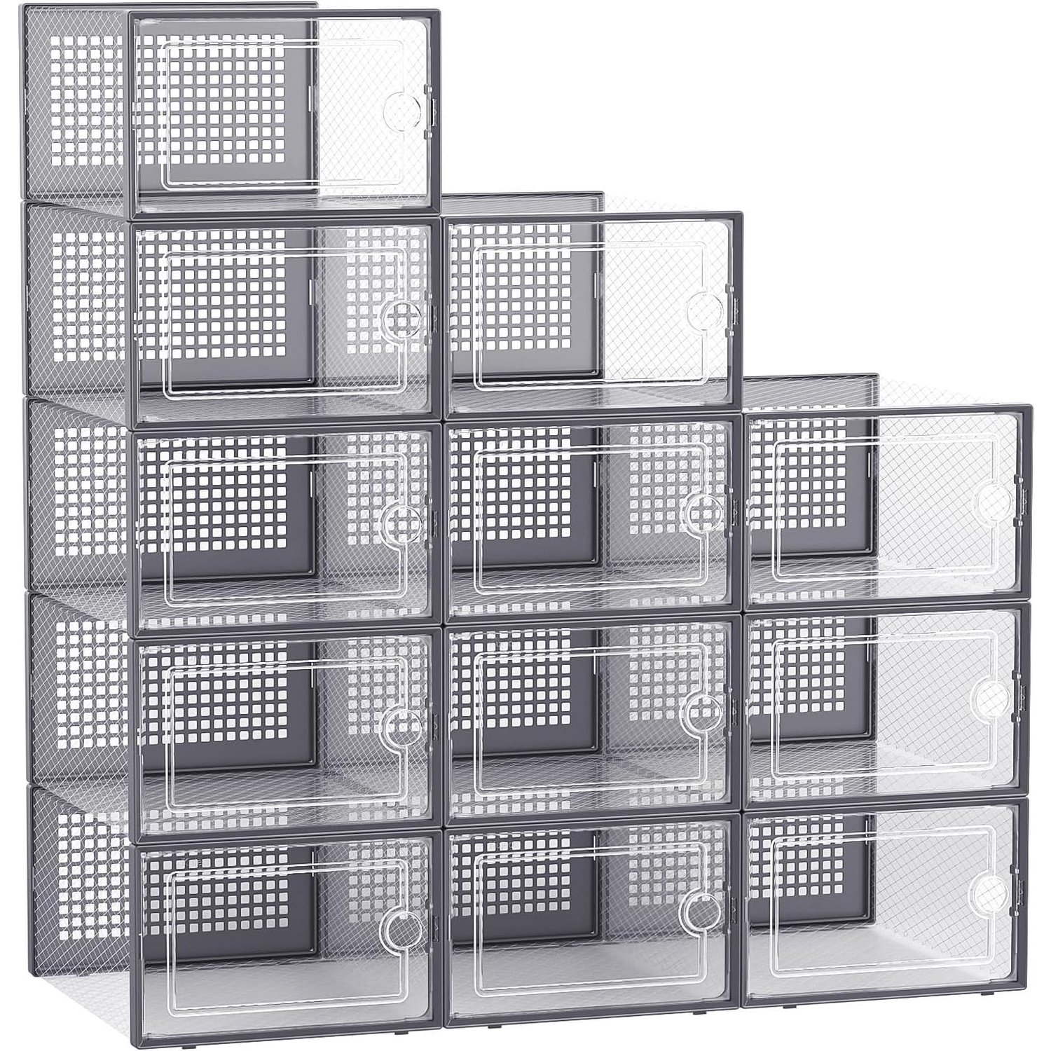 Large Shoe Organizers Storage Boxes for Closet, 12 Pack Clear Plastic Stackable Storage Bins with Lids, Under Bed Shoe Containers for Entryway, Drop Front, Fit up to Women's Size 10,Dark Gray