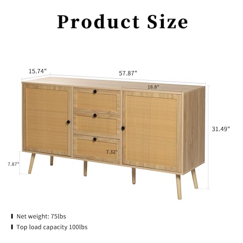 Rattan Sideboard Buffet Cabinet Boho Rattan Storage Cabinet with 2 Doors and 3 Drawers Accent Cupboard Console Table with Adjustable Shelves for Dining Living Room Kitchen