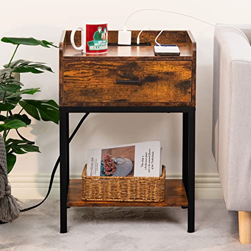 Lerliuo Nightstands Set of 2 with Charging Station and USB Ports, 3-Tier End Side Table with Storage Drawer and Shelf, Modern Bedside Night Stand for Bedroom, Oak Grey