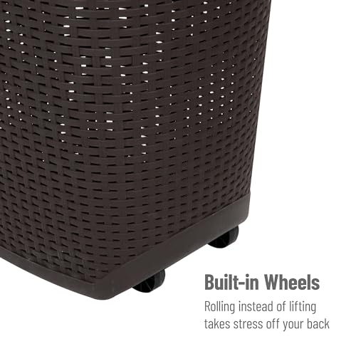 Mind Reader 60L Rolling Laundry Hamper, Clothes Basket, Wheels, Wicker Style, Plastic, 19.5