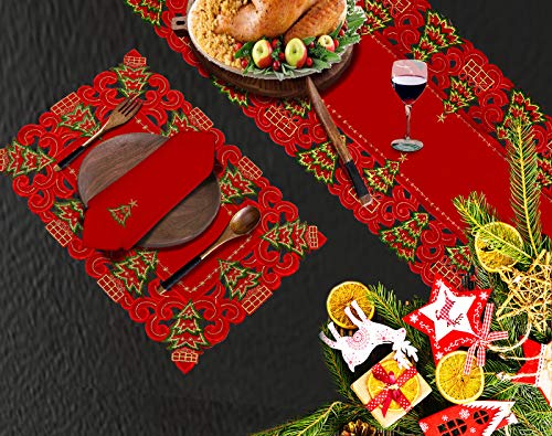 Grelucgo Embroidered Christmas Holiday Holly Tree Table Runner, Dresser Scarf, Rectangular 16 x 72 Inch