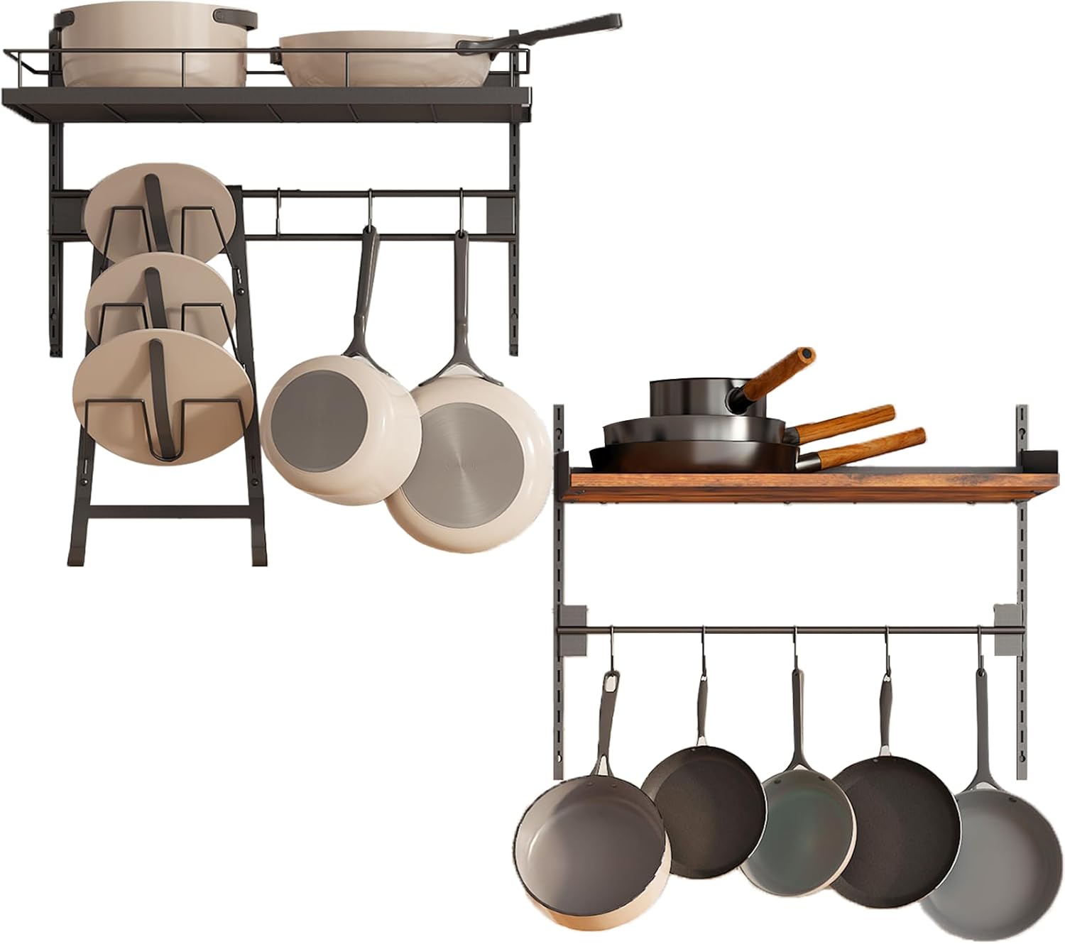 2 Packs Hanging Pot Rack,Wall Mounted Pot and Pan Organizer,2 Tier Pots Holder for Kitchen Storage,Pans Hanger Shelf with Pan Lid Organizer,8 Hooks,for Cookware,Pans,Utensils Organization