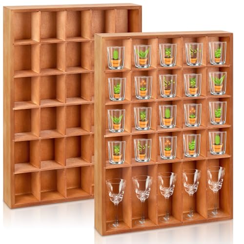 Shot Glass Display Case for Wall, Wood Holds Set of 30 Glasses Shot Glass Holder Display Shelf, 17'' x 12''-3'' x 2'' (Black, 2PCS)