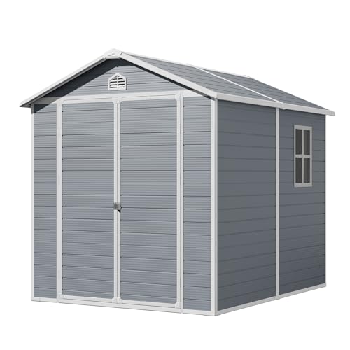 Patiowell 6 x 8 FT Plastic Outdoor Storage Shed with Floor, Resin Shed Perfect to Store Patio Furniture, Garden Tools Bike Accessories, Beach Chairs and Lawn Mower, Grey