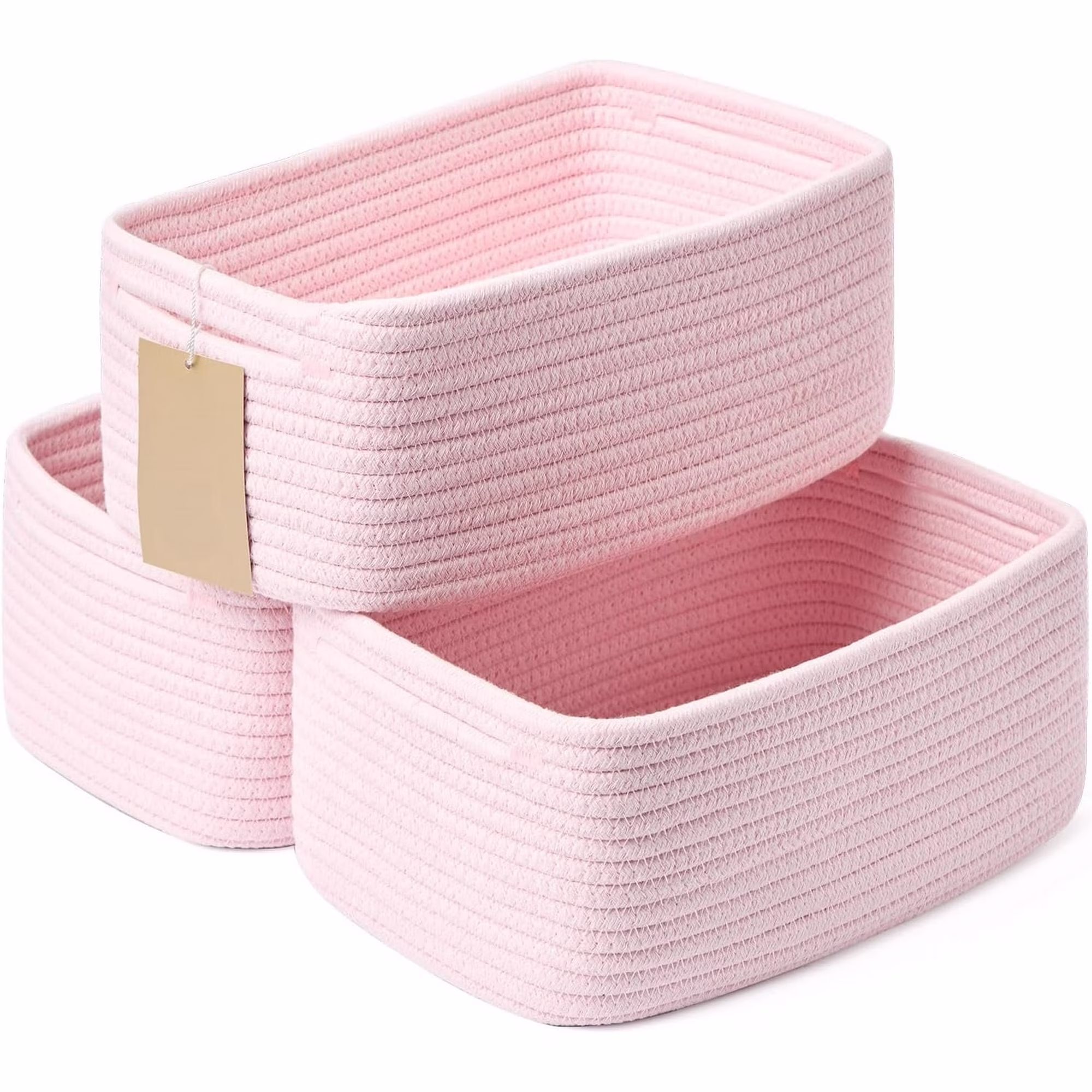 AllWays Plaza Small Storage Baskets for Organizing | Closet Organizer Bins | Shelf Toy Basket | Woven Rope Baskets | Cube Decorative Box | Shallow Basket | 13x8.5x5.1” | 3 Packs Light Pink