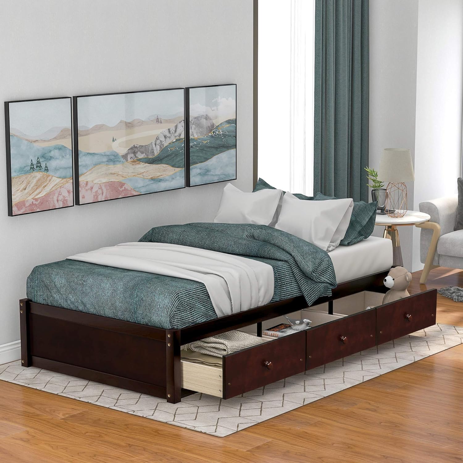 Storage Bed With 3 Drawers, Wood Platform Bed Frame With Storage Drawers, Bed Frame With Wood Slat Support, o Box Sprig eeded,Cherry