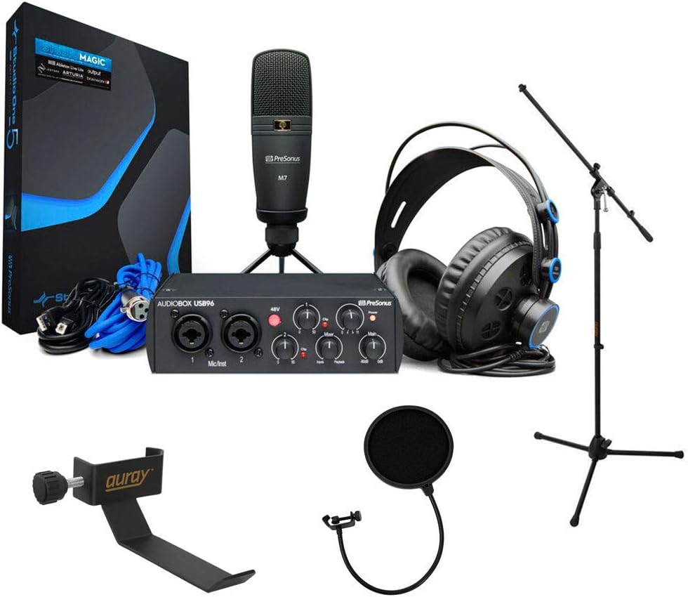 PreSonus AudioBox 96 Studio Recording Bundle (25th Anniversary Black) with Mic Stand, Headphone Holder & Pop Filter Kit