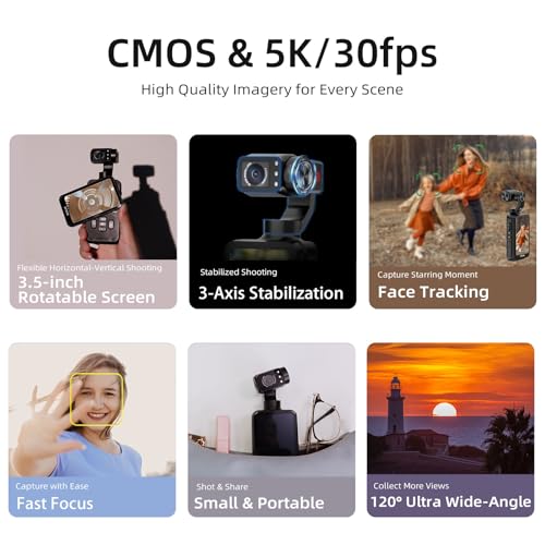 ORDRO M5 Vlogging Camera 3-Axis Gimbal Stabilizer, 5K Handheld Camera 3.5'' Rotatable Touchscreen 120° Wide Angle, IR Night Vision Function, Fast Focusing,Face Tracking for YouTube Vlogs, 64G Card