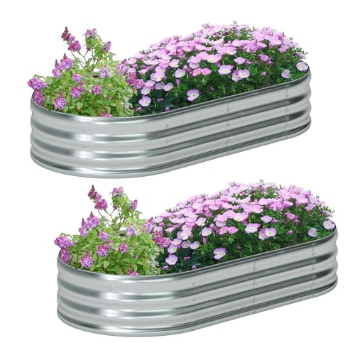zizin 2 Pack Galvanized Raised Garden Bed Metal Oval Raised Garden Beds Outdoor Planter Box for Vegetables (6x3x1FT, Silver)