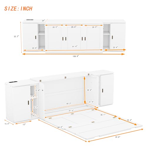 Queen Size Mobile Murphy Cabinets Bed with USB Ports, Traditional Solid Wood Murphy Bed Floor Storage Bed for Guest Room Home Office, No Box Spring Required (White-M5)