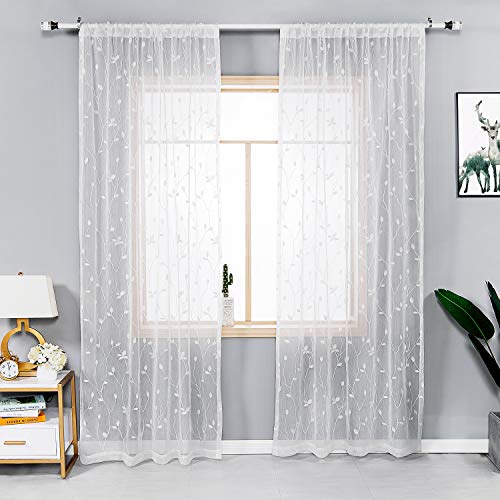 AmHoo 2 Panels Embroidered Leaf Pattern Semi Sheer Curtains Foliage Floral Voile Window Draperies Treatment for Bedroom Living Room Rod Pocket White Taupe 53 x 84 Inch