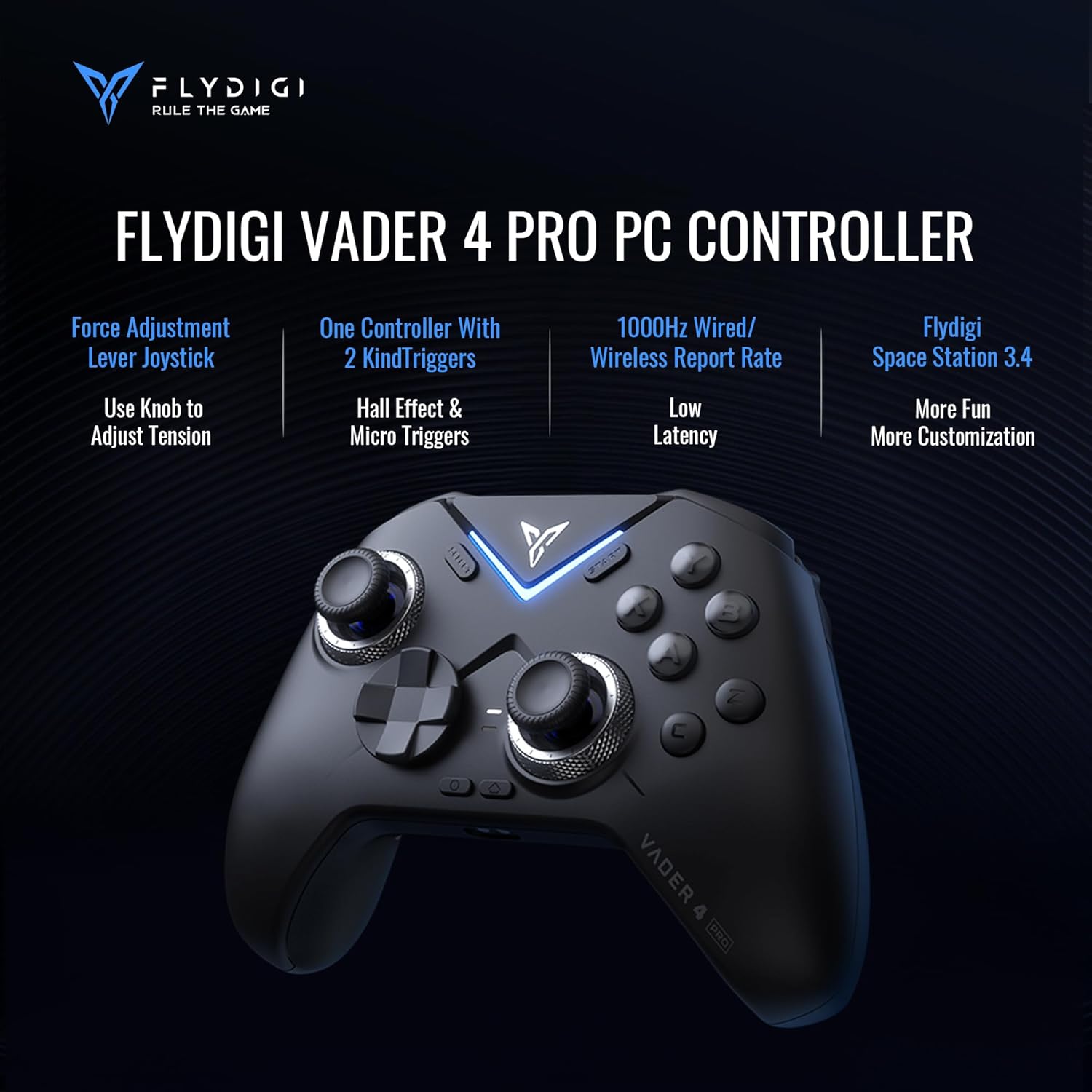 FLYDIGI Vader 4 Pro PC Controller Force Adjustment Lever Joystick Hall & Micro 2-in-1 Triggers 1000Hz Report Rate Stereo Vibration 800mAh Multi-Platform Controller for PC/NS/TV/Android/Laptop