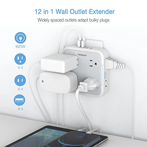 Multi Plug Outlet Splitter with USB, TESSAN Multiple Outlet Extender with 4 USB Wall Charger, Widely Spaced 8 Electrical Plug Expander Surge Protector for Home Kitchen Dorm Room Office White-Grey