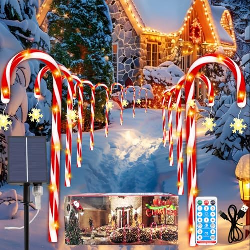 Solar Candy Cane Lights, 12 Pcs Christmas Decorations Outdoor, 8 Modes and Timer, Solar & USB Rechargeable, Waterproof Pathway Lights for Outdoor Christmas Yard Patio Walkway Decor