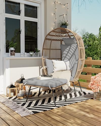 Wicker Egg Chair with Ottoman, Rattan Outdoor Chairs, Oversized Patio Lounge Chair with Cushion, Rattan Egg Basket Chairs for Indoor Outside Living Room Balcony Backyard Garden Patio