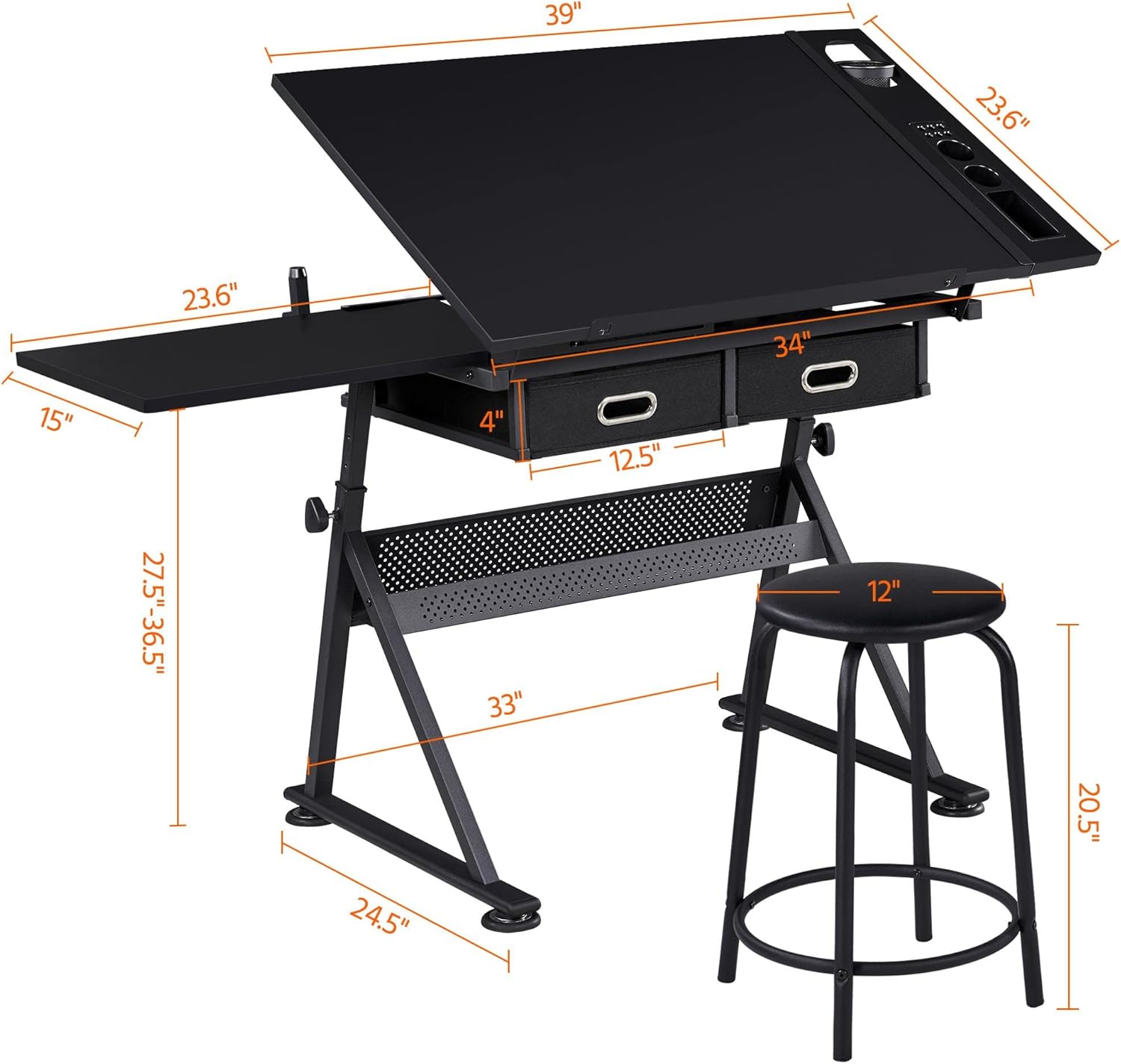 Yaheetech Art Craft Table Drawing Table Height Adjustable Drafting Desk Work Station with Tiltable Tabletop w/Stool and 2 Storage Drawers for Reading, Writing,Studying