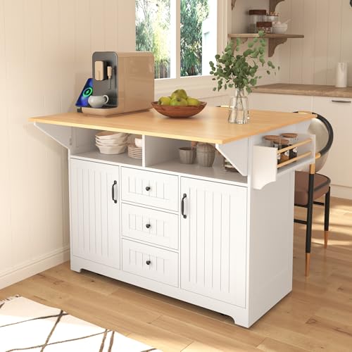 Foldable White 55.7 Inch Kitchen Storage Island Cart with 2 Drop Leaf Extensions, 5-Wheel Rolling Table, Power Outlet & USB Port, 3 Drawers Spice Rack Towel Holder for Small Spaces