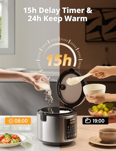 COMFEE' Compact Rice Cooker, 6-in-1 Stainless Steel Multi Cooker, Slow Cooker, Steamer, Saute, and Warmer, 2 QT, 8 Cups Cooked(4 Cups Uncooked), Brown Rice, Quinoa and Oatmeal, 6 One-Touch Programs