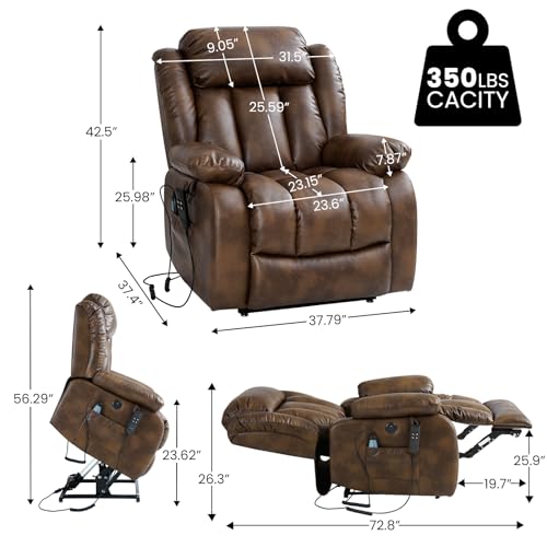 Large Power Lift Chairs Recliners for Elderly with Heated and Massage,Infinite Position Overstuffed Wide Power Lift Recliner，4 Positions, Breathable Leather, USB Ports and Remote Controls (Dark Blue)