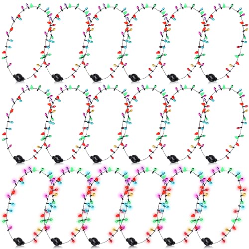 Liliful 18 Pcs Christmas Light Necklace Bulk Holiday Light Up Necklaces 33 Inch LED Glow Bulb Battery Operated Necklace for Xmas Party Favors Gift Accessories, 3 Flashing Modes
