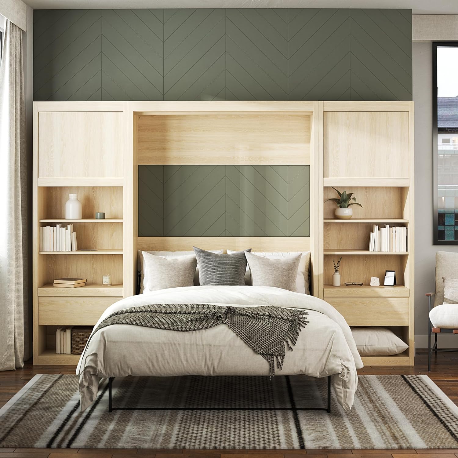Signature Sleep Full Size Murphy Wall Bed with Wooden Slats in Engineered Wood, with Storage and Charging Station in Light Oak, No Box Spring Needed, Easy Assembly, Up to 600 lbs Weight Capacity