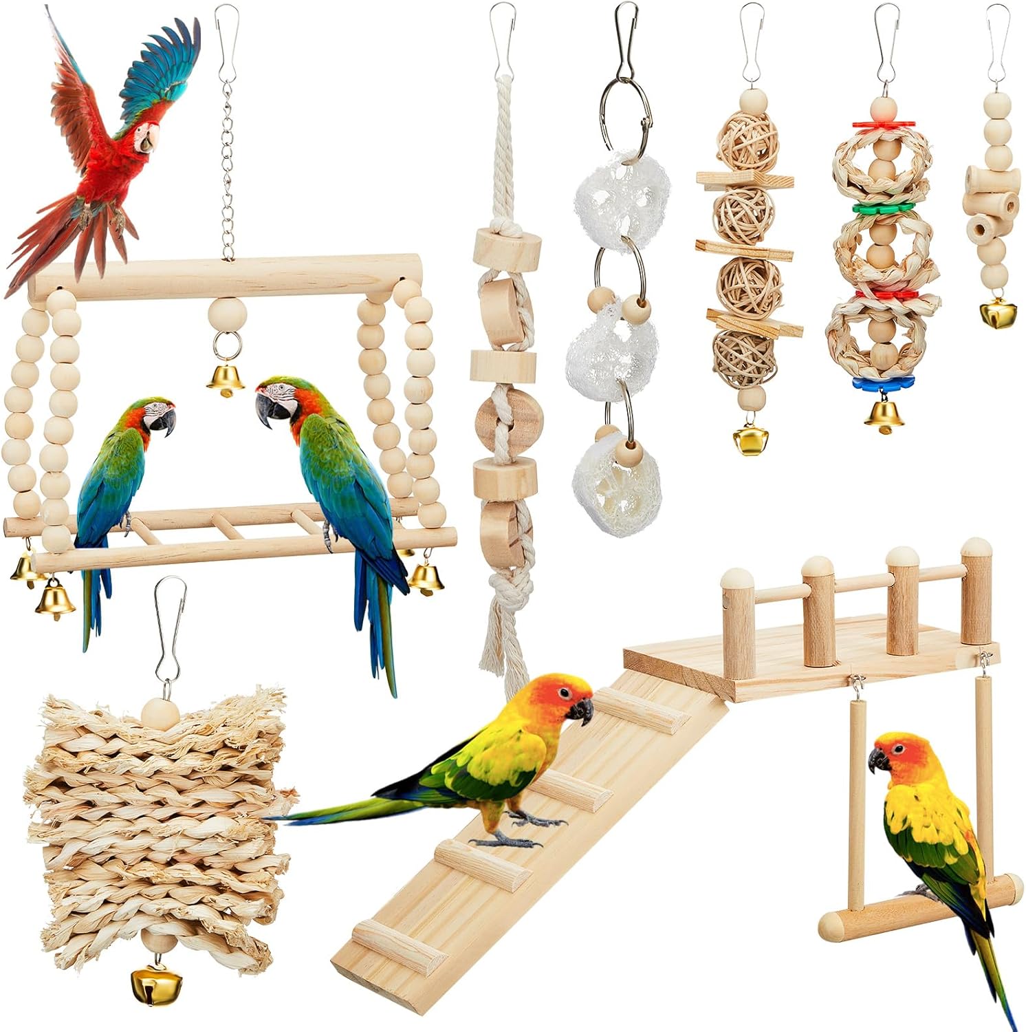 10 Pcs Parrot Swing Toys and Bird Perches Platform with Climbing Ladder Chewing Standing Hanging Parakeet Toys Bird Cage Accessories for Budgerigar Conure Cockatiel Love Birds and Finches