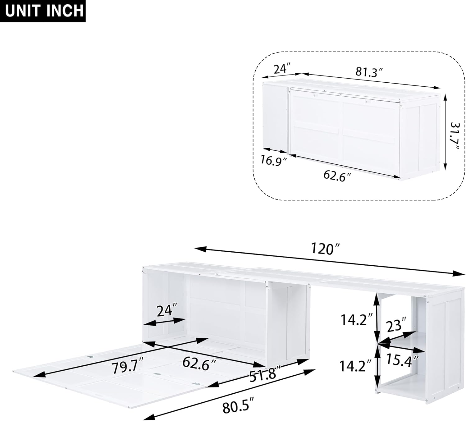 Queen Size Murphy Bed with Rotating Desk, White Finish - Space Saving Furniture 120x80.50x31.70 in.