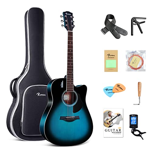 Rosen Solid Top Dreadnought Acoustic Guitar 41 Inches Spruce Guitar Beginner Bundle with Book, Padded Bag, Strings, Picks, Hexwrench, Strap, Polishing Cloth, Blue