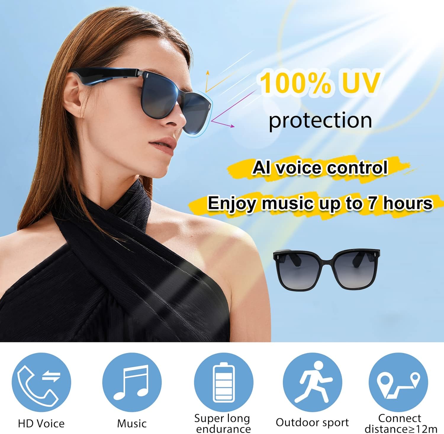 Smart Glasses with Bluetooth Audio Wireless Sunglasses Open Ear Listen Music for 7 Hours, Hands-Free Calling Polarized sunglass for Women Men, Voice Assistant Compatible