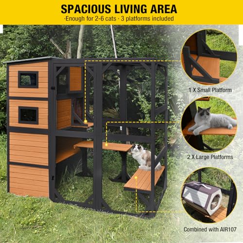 Aivituvin Large Cat Catio 4 Tiers Cat Enclosures House for Outdoor Indoor Cats with Weatherproof Roof, 3 Resting Rooms, 3 Platforms, 5 Windows 70