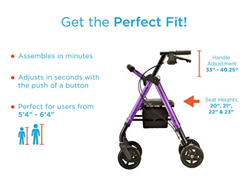 NOVA Star DX Rollator Walker with Wide Padded Seat, 8” Wheels, Fold Lock Feature, Rolling Walker with Adjustable Seat Height & 350 lb Weight Capacity, Purple
