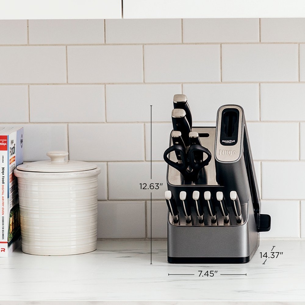 Open Box Ninja K32012 Foodi NeverDull Premium Knife System, 12 Piece Knife Block Set with Built-in Sharpener, German Stainless Steel Knives, Black