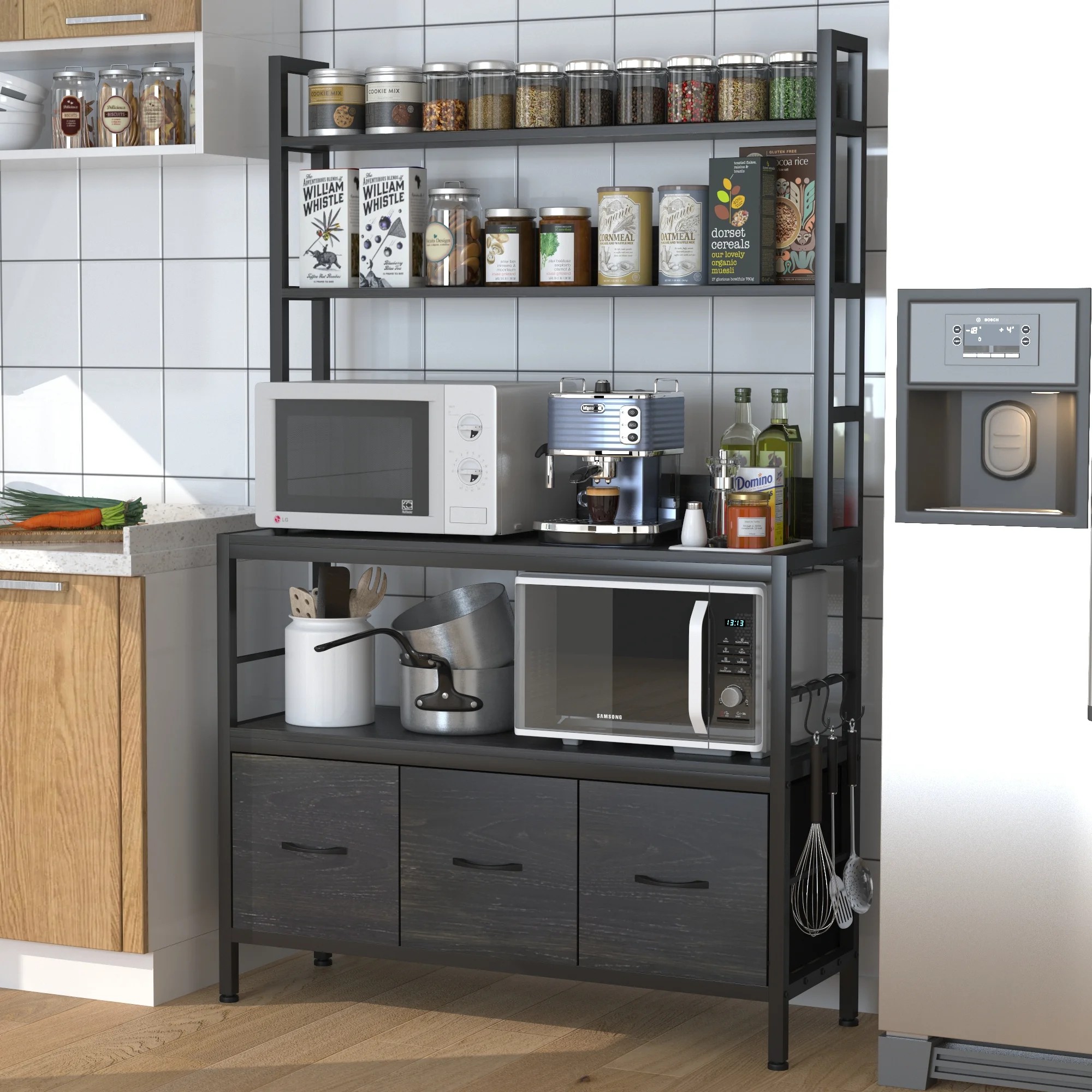 NAIYUFA Bakers Rack 5-Tier Wood Kitchen Storage Shelf with Baskets and Hooks Industrial Microwave Oven Stand,Black