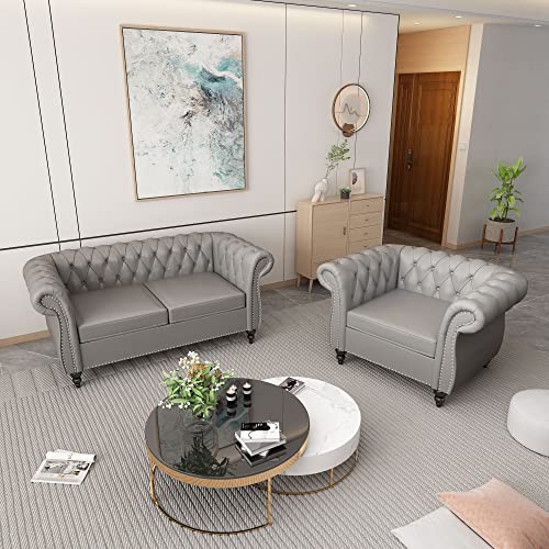 3 Piece Living Room Set, Chesterfield Velvet Sofa Loveseat Couch Chair with Scroll Arms and Nailhead for Living Room, Office (Beige, 1-2-3)