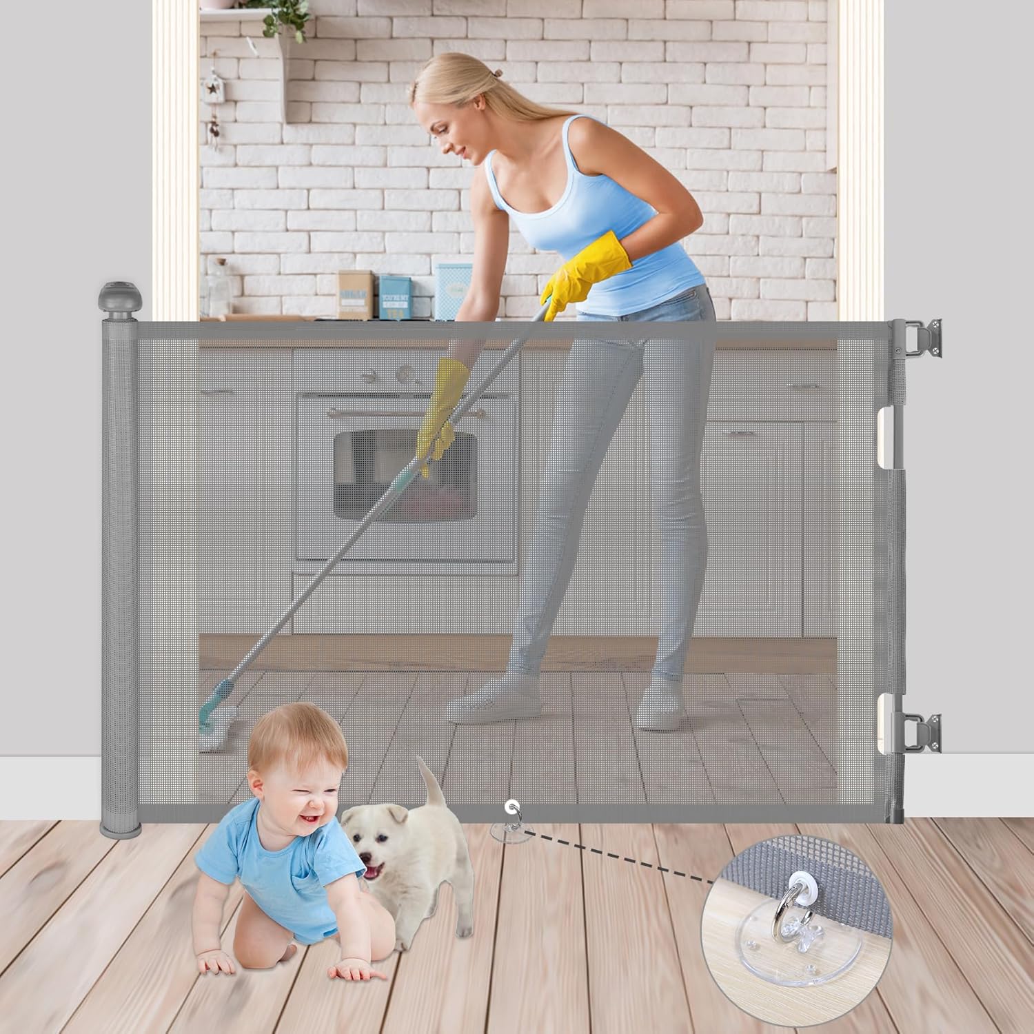 Retractable Baby Gates, UDUK Baby Gate, Retractable Dog Gate 33” Tall, Extends to 71” Baby Gates Extra Wide,Mesh Dog Gate Child Safety Gate for Stairs, Doorways, Indoor, Outdoor, Hallways