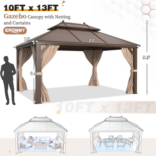 EROMMY 14'x20' Hardtop Gazebo Double Roof Galvanized Steel Canopy Outdoor Aluminum Frame Permanent Metal Pavilion with Netting and Curtains for Patio Backyard Deck and Lawns