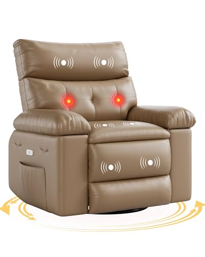 GarveeHome Electric Swivel Massage Chair, Power Rocking Recliner with Vibration and Heating, Overstuffed PU Leather Single Sofa with USB Port and Storage, Glider for Living Room Nursery