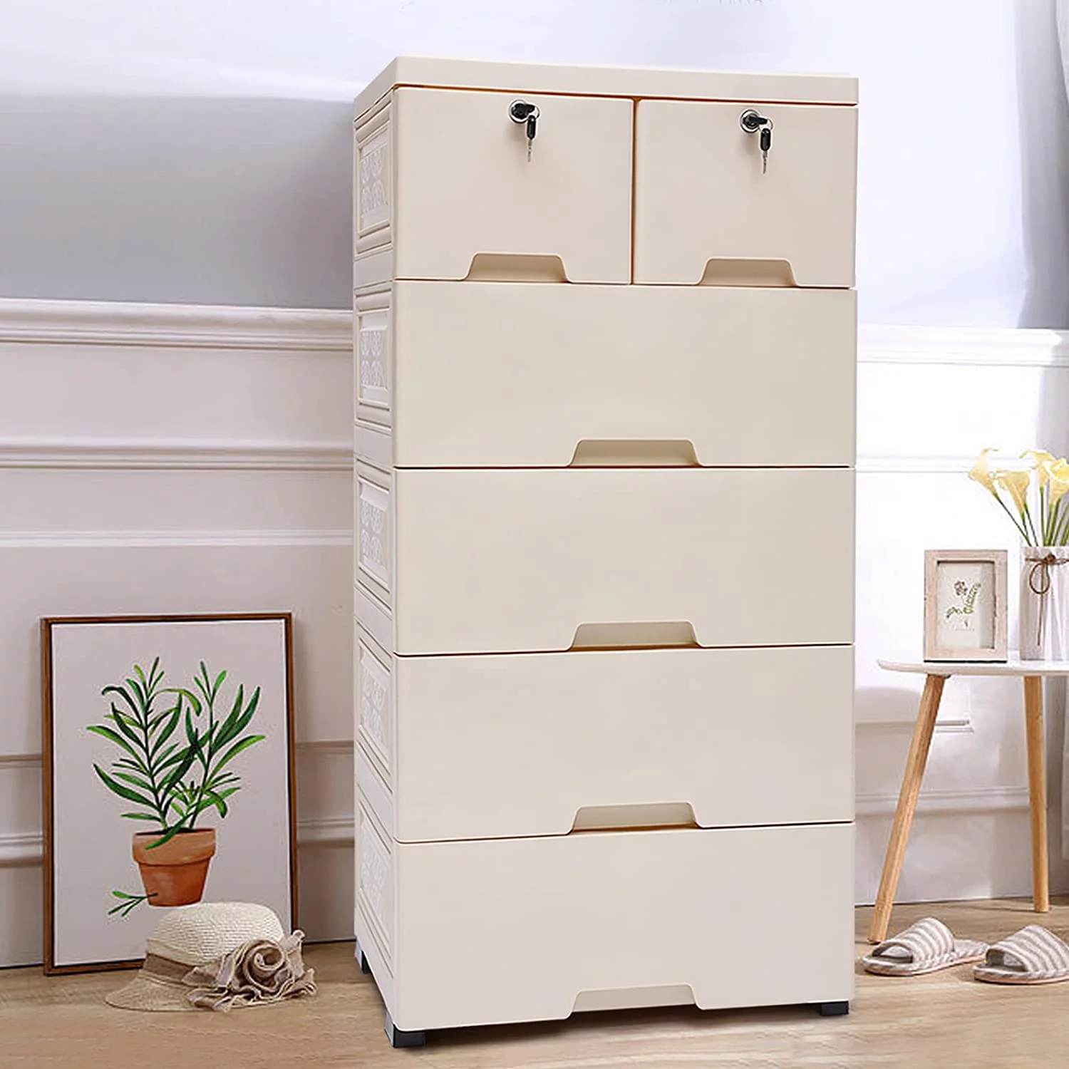 Plastic Drawers Dresser, Modern Floor Storage Cabinet with 6 Drawers, Tall Dresser Organizer Closet Drawer Chest for Kids Bedroom Playroom Furnitures 66lbs Capacity (Beige)
