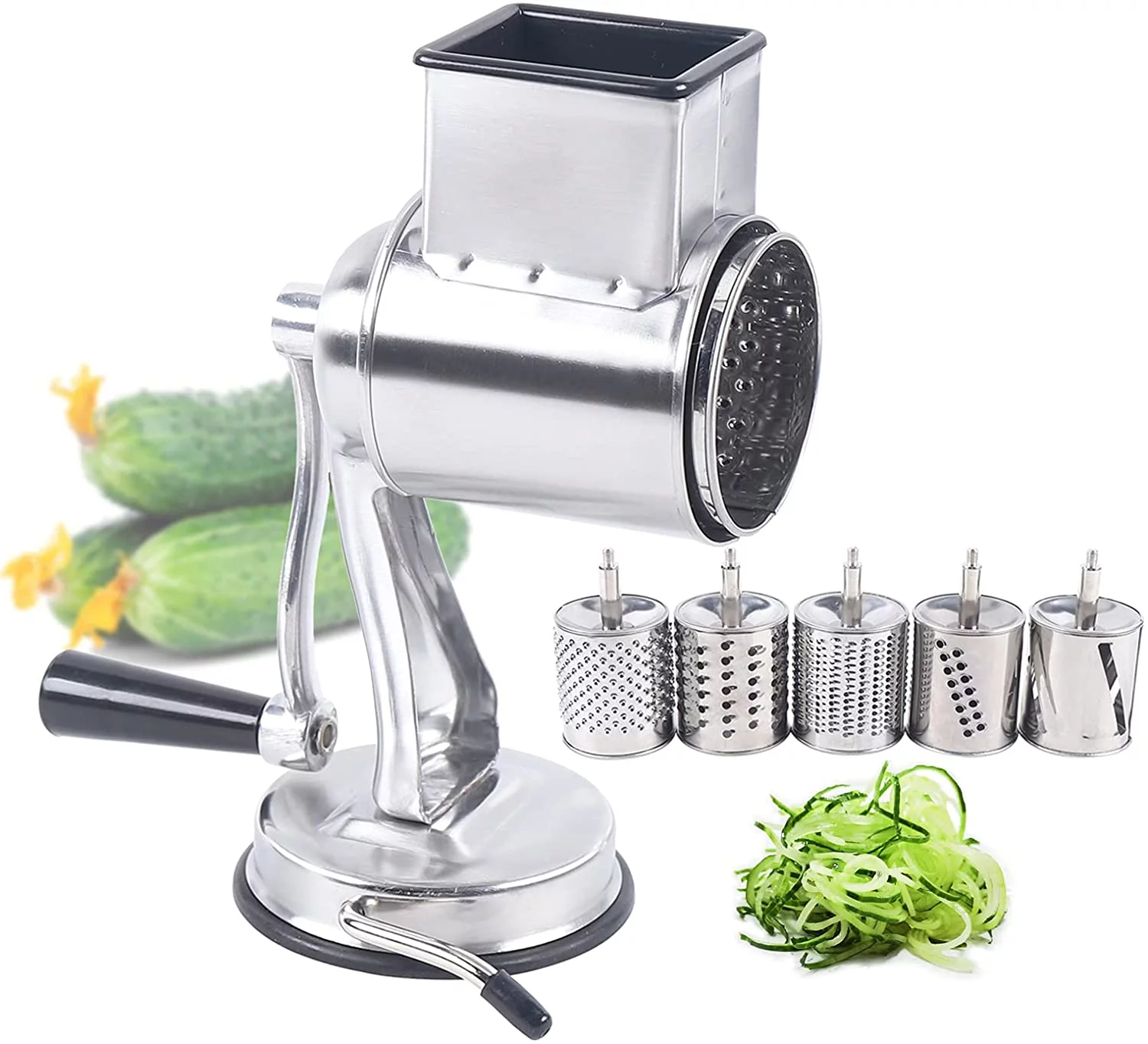 FETCOI Manual Rotary Drum Food Grater Vegetable Shredder Slicer Grinder Set with 5 Blade