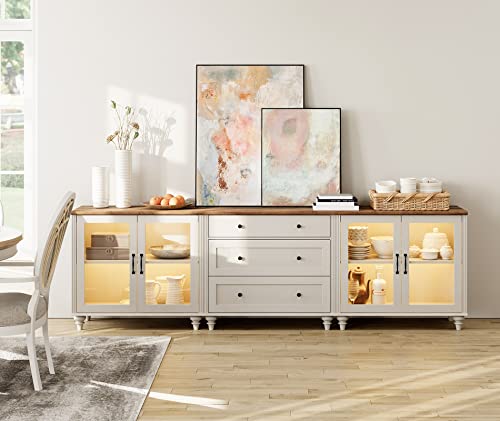 WAMPAT 3-in-1 Sideboard Buffet Cabinet with Storage, Kitchen Pantry Storage Cabinet with Glass Door & Drawer, Console Table Entertainment Center for Living Room Dining Room, Off White