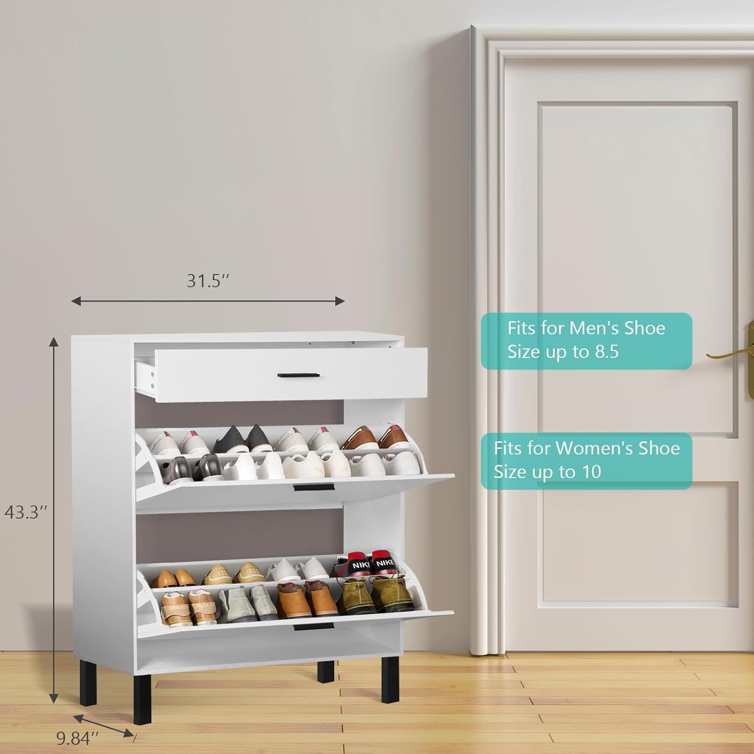 Slim Shoe Cabinet with Doors Wooden Free Standing Shoe Rack with 2 Flip Drawers Modern White Shoe Storage Cabinet with Drawer for Entryway Hallway Living Room Bedroom Apartment