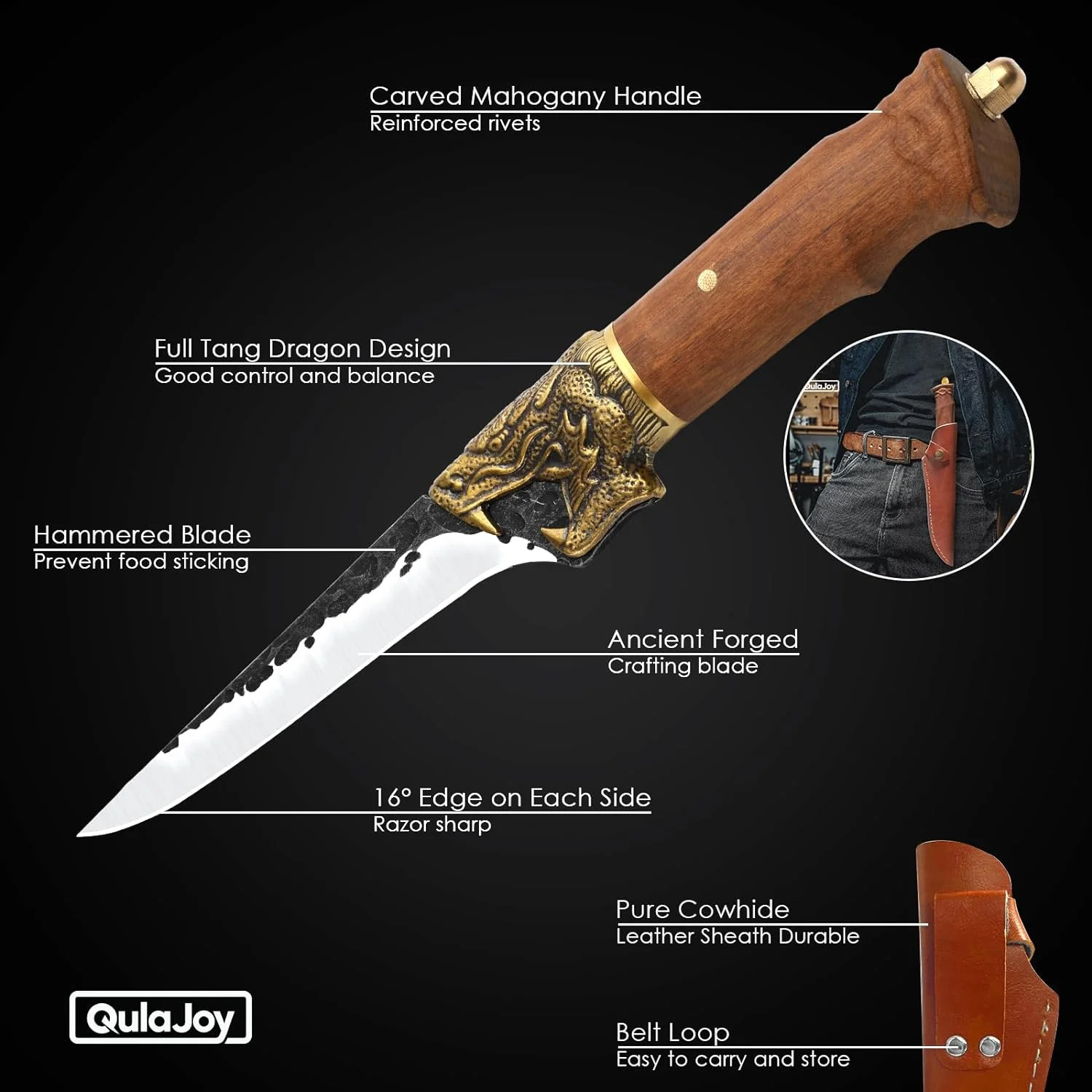 Qulajoy Fillet Knife - Hand Forged Camping Knife 7Cr17MOV Blade - with Dragon Handle and Leather Sheath - Boning Knives for Hunting & Camping