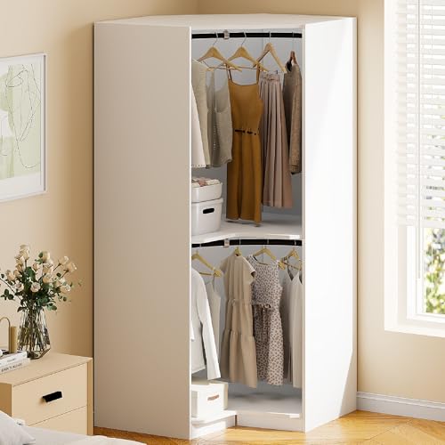 Merax Corner Wardrobe Closet Organizer with 2 Hanging Rails & Shelves, Open Style Clothes Storage Cabinet for Bedroom, Space-Saving Household Polygon Wooden Armoire, Easy Assembly, Natural
