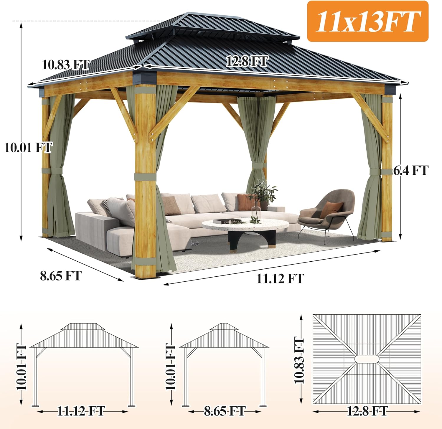 11’x13’ Patio Wooden Gazebo, Galvanized Steel Roof Gazebo with Olive Green Curtains and Netting, Double Vented Roof Hardtop Gazebo for Garden, Porch, Lawn, Poolside, Backyard