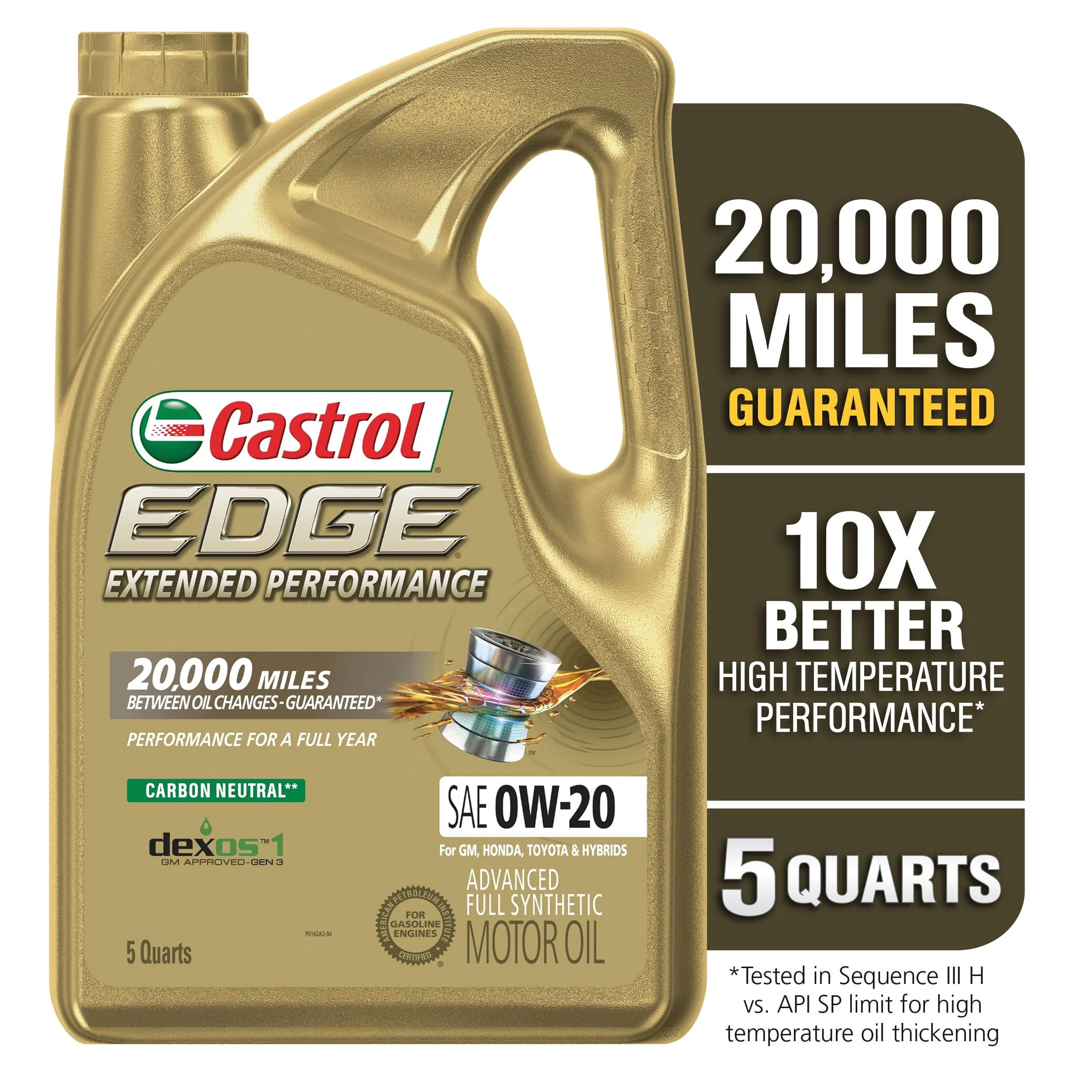 Castrol EDGE Extended Performance 0W-20 Advanced Full Synthetic Motor Oil, 5 Quarts