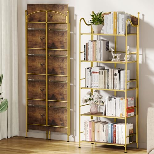 Folding Bookshelf No Assembly, 5 Shelf Black Folding Bookcase, Industrial Tall Metal Collapsible Corner Book Shelf with Storage Shelves for Bedroom, Living Room, Home Office Organization