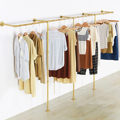 Wall Mounted Gold pipe clothing rack with 3 T-Bar Design and Nano Gold Finish with 2 Wooden Shelves Heavy Duty Wall Mounted Gold Iron Garment Bar for Retail Display and Closet Storage