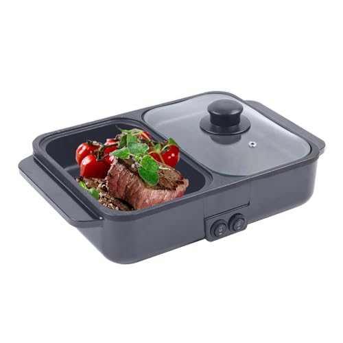 2 in 1 Portable Electric Hot Pot Barbecue Grill Non-Stick Teppanyaki Pan 110V Mini Shabu Shabu Hot Pot BBQ Grill Kitchen Smokeless Shabu Cooking Pan 1200W (Black)
