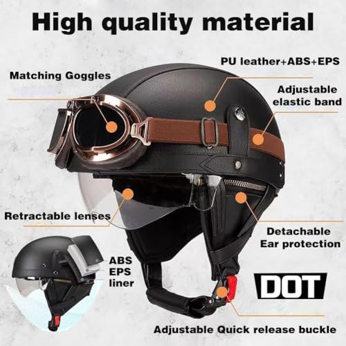 Vintage German Style Leather Motorcycle Half Helmet, Half Face Motorcycle Helmets, DOT Approved Open Face Helmet with Goggles, for Adult Men Women